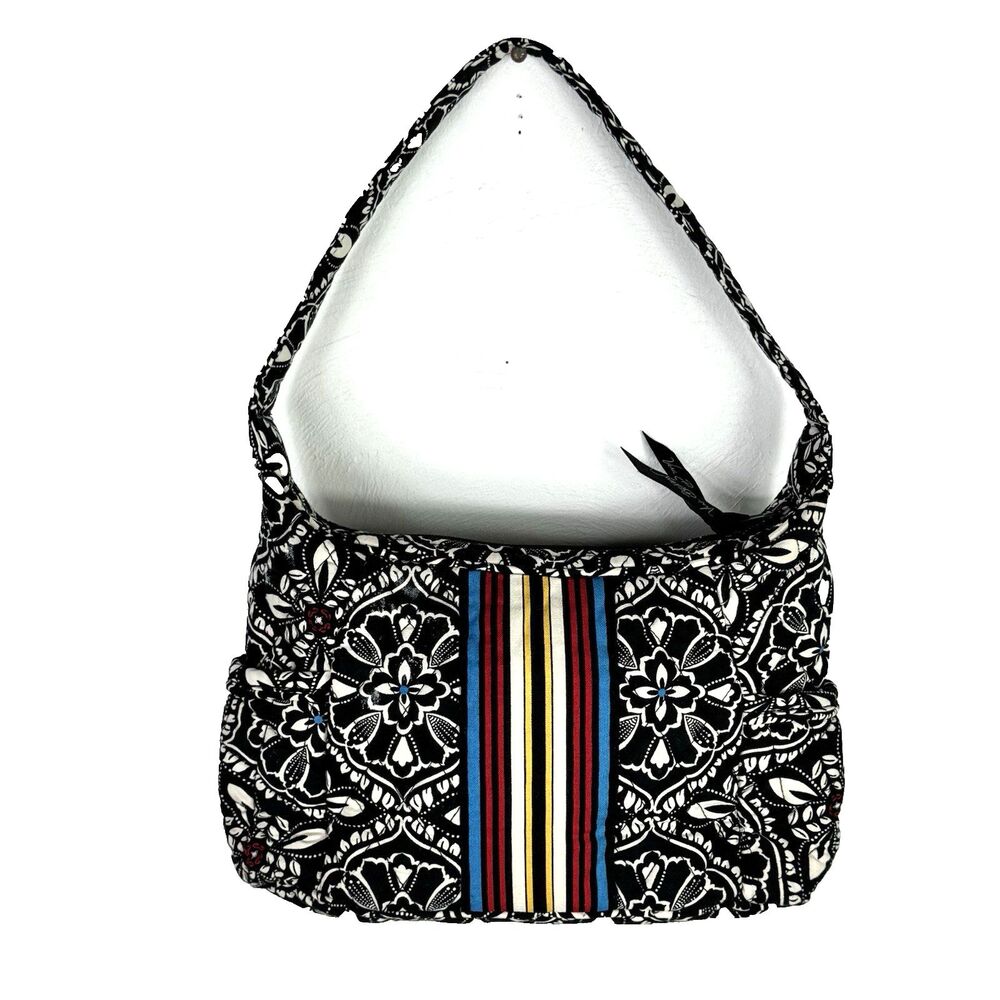 Vera Bradley Quilted Floral Shoulder Bag Black White Multicolor Boho Purse - Picture 2 of 7